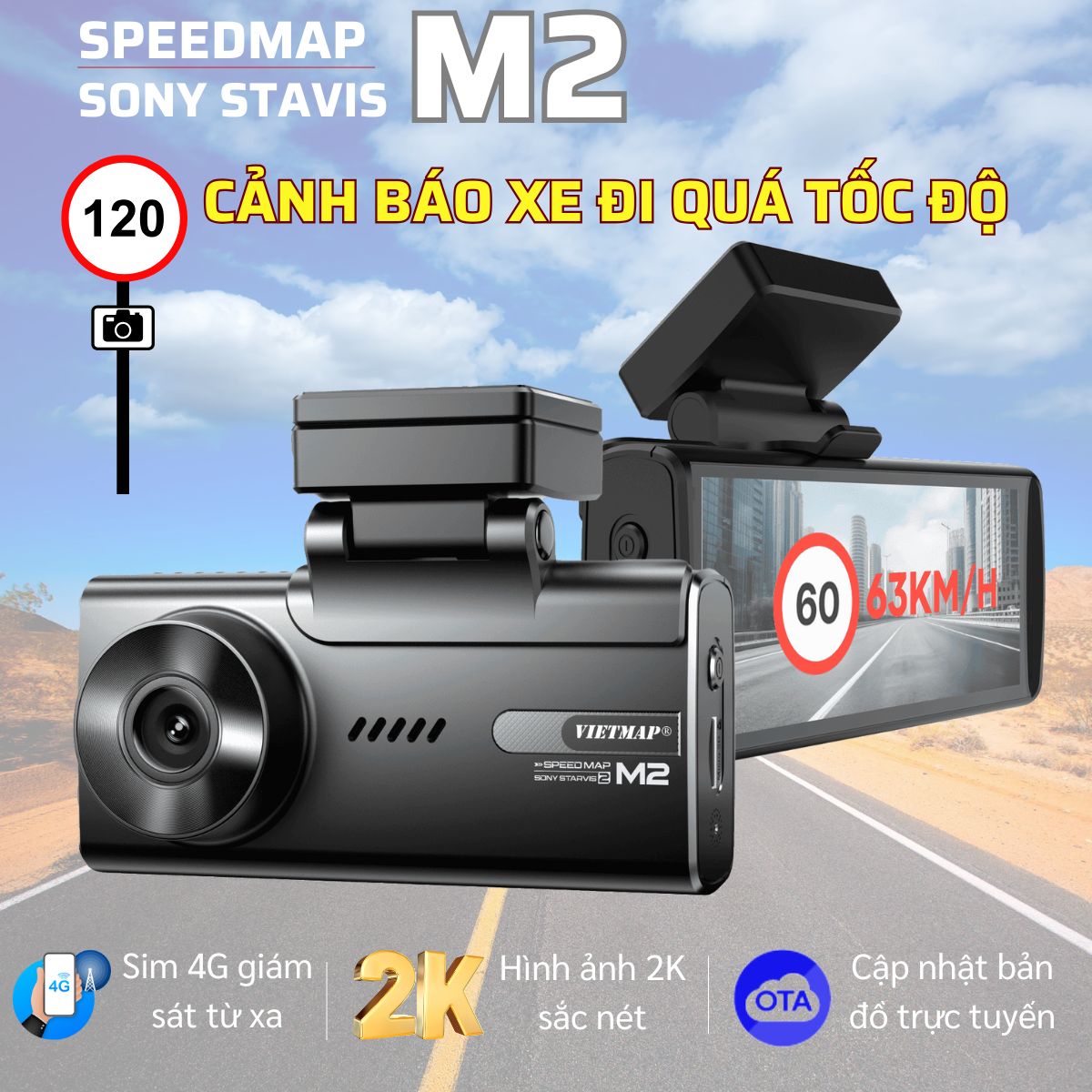 Camera hành trình Vietmap M2 Speedmap sim 4G, cảnh báo đi quá tốc độ, quản lý lịch di chuyển, giá tốt chính hãng