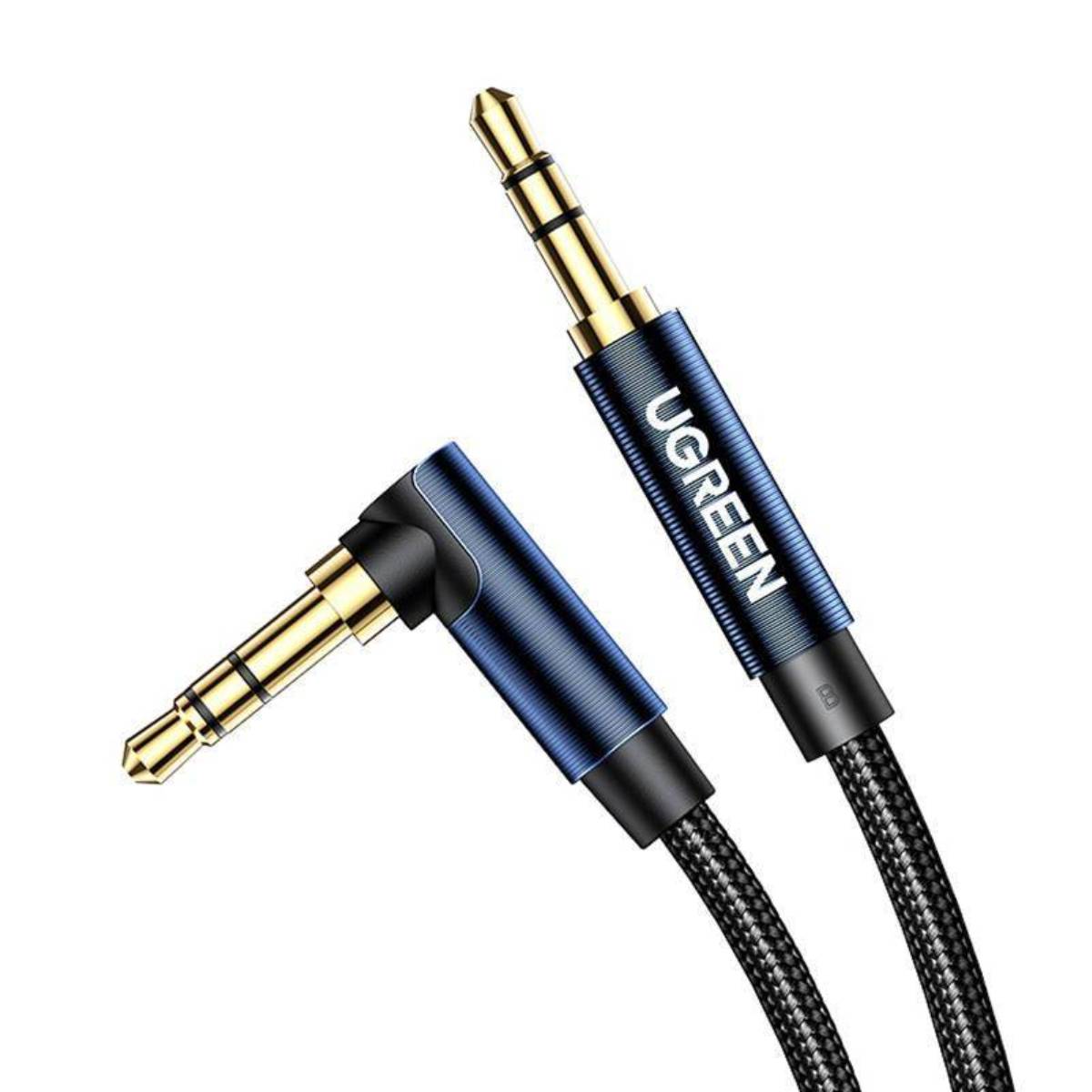 Cáp audio âm thanh AUX 3.5mm bện Nylon bẻ góc 90 độ dài 2M Ugreen 60181 cao cấp (Blue)