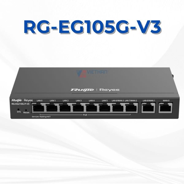 Bộ định tuyến Ruijie RG-EG210G-P-V3, Quản lý Cloud, Hỗ trợ 200 Users, Tốc độ 600 Mbps.