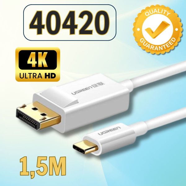 Cáp chuyển đổi USB type-C to Displayport dài 1,5m Ugreen 40420 MM139 chính hãng, Hỗ trợ 4K@30Hz, Màu trắng