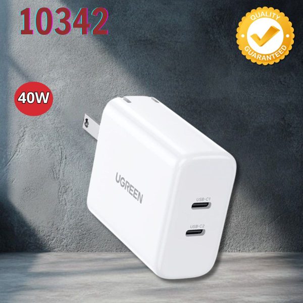 Bộ sạc 2 cổng Type C 40W Ugreen 10342 Màu trắng chuẩn cắm US