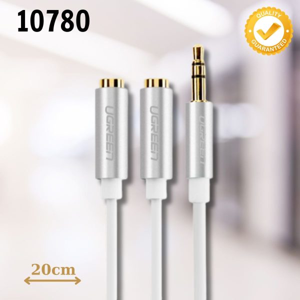 Cáp chia âm thanh 3.5Mm 1 đầu đực ra 2 đầu cái Ugreen 10780 20cm màu trắng, Chất lượng âm thanh ổn định