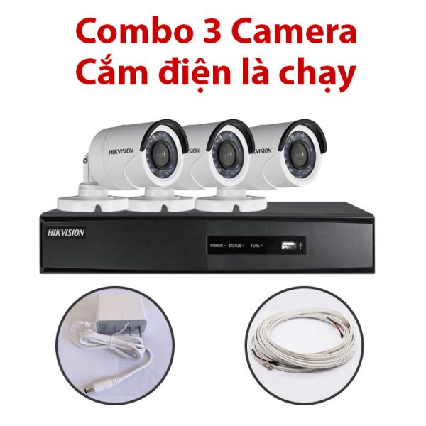 Trọn bộ 3 Camera DS-2CE16C0T-IR + Đầu ghi hình HIKVISION, có sẵn phụ kiện, cắm điện là chạy