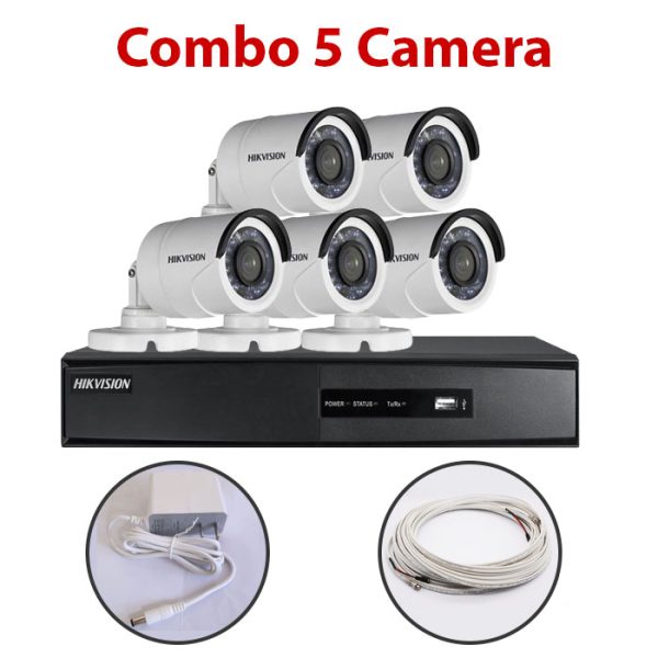 Trọn bộ 5 Camera DS-2CE16C0T-IR + Đầu ghi hình HIKVISION, có sẵn phụ kiện, cắm điện là chạy