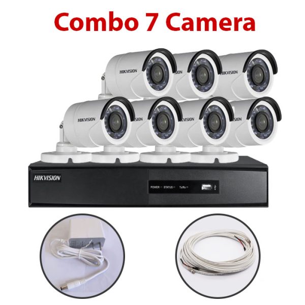 Trọn bộ 7 Camera DS-2CE16C0T-IR + Đầu ghi hình HIKVISION, có sẵn phụ kiện, cắm điện là chạy