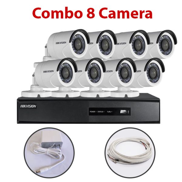 Trọn bộ 8 Camera DS-2CE16C0T-IR + Đầu ghi hình HIKVISION, có sẵn phụ kiện, cắm điện là chạy