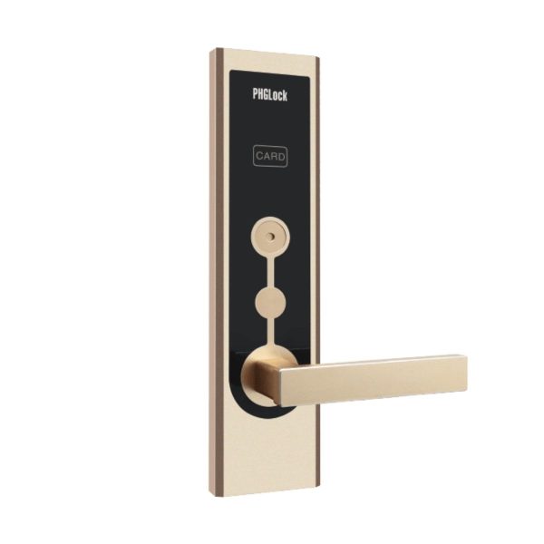 Khóa cửa phòng khách sạn PHGLock RF8131 màu vàng, thẻ từ TM08 và chìa khóa cơ
