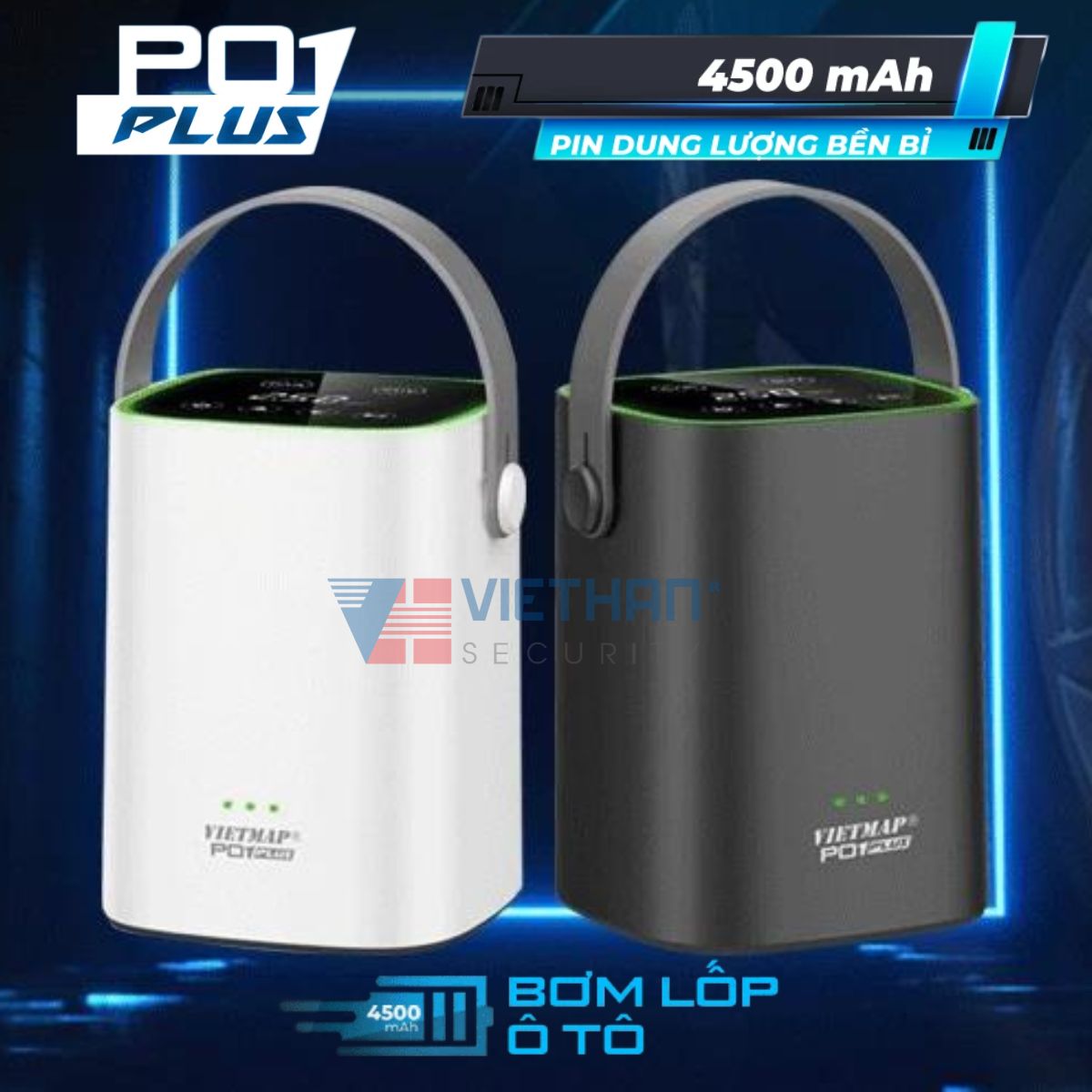 Bơm lốp xe dùng Pin tự động ngắt Vietmap P01 Plus bơm đa năng ô tô, xe máy, xe đạp, gia dụng phím cảm ứng