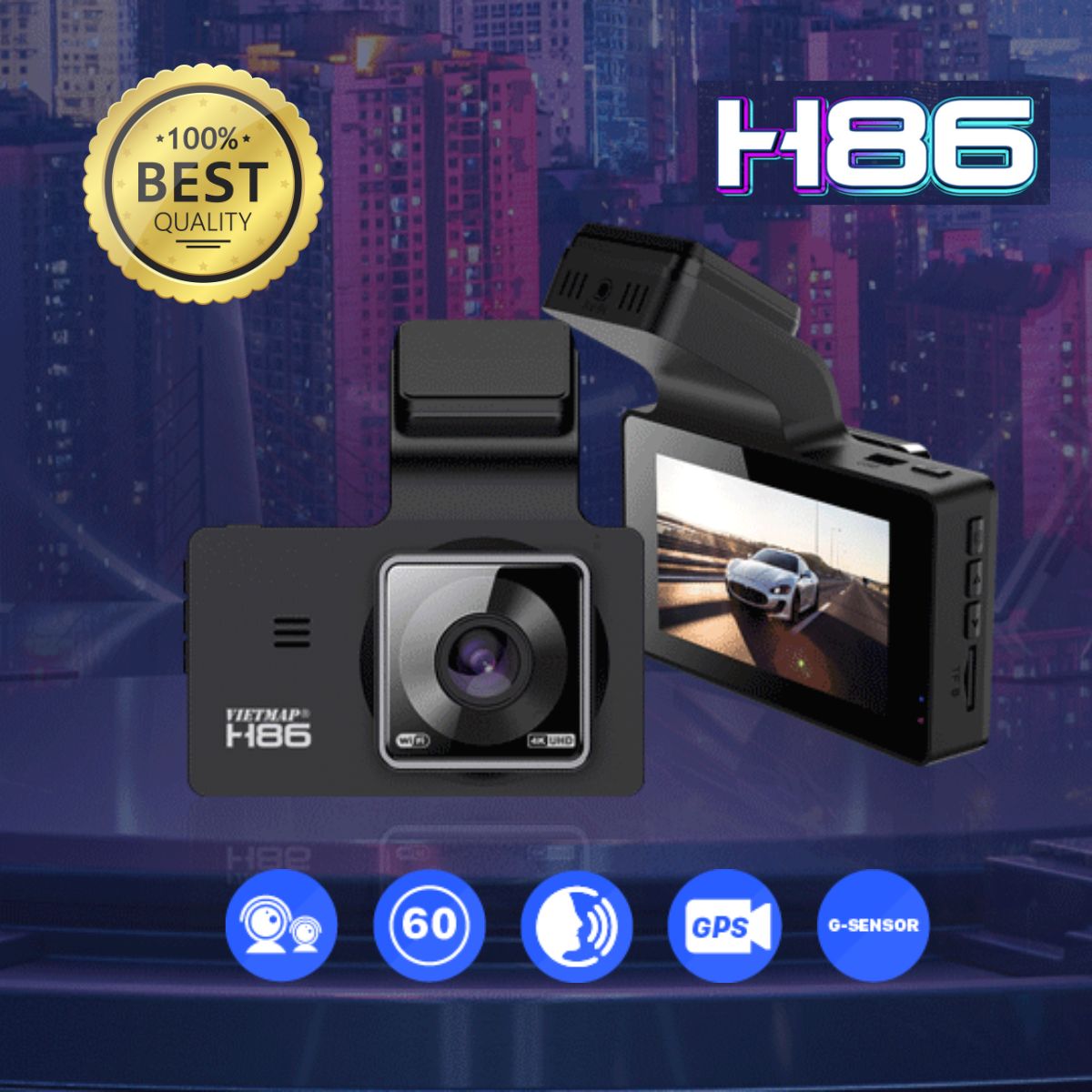 Camera hành trình trước sau Ultra HD 4K VIETMAP H86 màn hình IPS 3inch, cảnh báo tốc độ bằng giọng nói