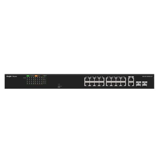 Thiết bị chia mạng PoE 16 cổng Reyee RG-ES118FGS-LP 16 cổng 10/100 BASE-T PoE/PoE+, PoE 120W, 2 uplink 1000 Mbps với 2 cổng combo