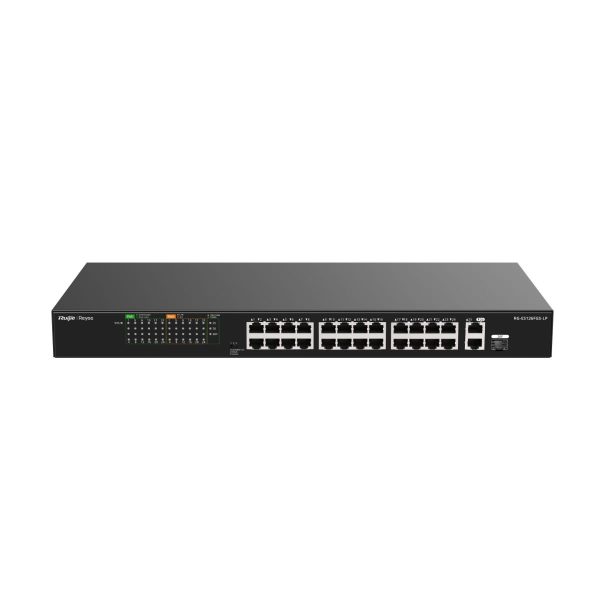 Bộ chuyển mạch switch PoE 24 cổng Reyee RG-ES126FGS-LP, tốc độ 8.8Gbps, PoE 180W, 2 cổng uplink 1000 Mbps + 1 cổng combo