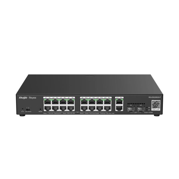 Switch quản lý PoE+ 20 cổng Reyee RG-ES220GS-P 16 cổng 10/100/1000BASE-T, 2 cổng 1000M SFP, PoE 250W, MAC 16K