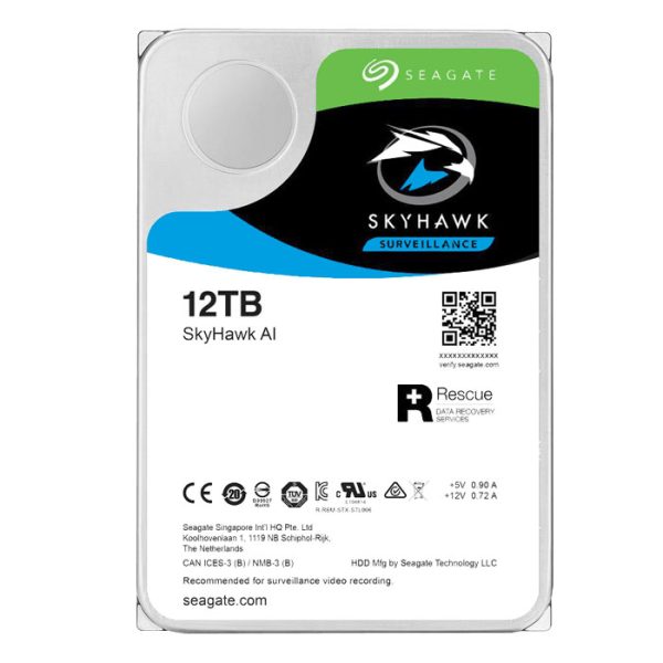HDD Seagate Skyhawk AI 12TB ST12000VE0008 7200RPM SATA 256MB, tiết kiệm điện năng, thích hợp giải pháp camera trí tuệ nhân tạo