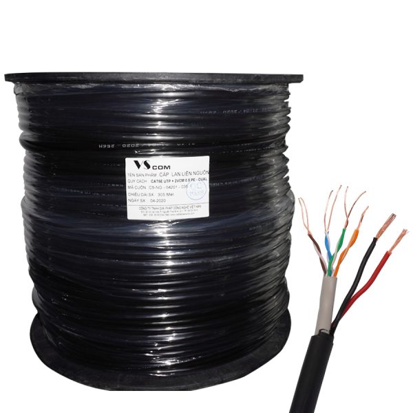 Dây Cáp mạng kèm liền nguồn VSCOM Cat5 UTP lõi đồng nguyên chất vỏ PE đi được ngoài trời (cuộn 305m)