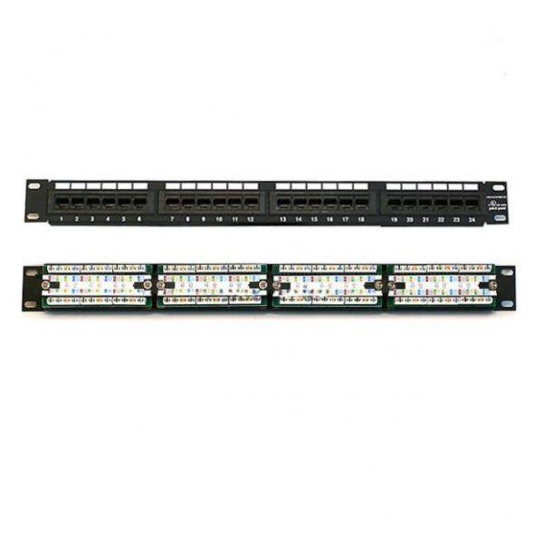 Patch panel 24 port AMP/Commscope Cat6 bằng thép, vỏ màu đen, hỗ trợ đấu dây theo cả 2 chuẩn T568A và T568B