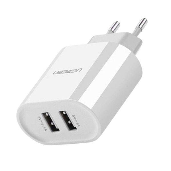 Bộ sạc tường 2 cổng USB EU Ugreen 20384 CD104 màu trắng, 100-240V, Max 600mA