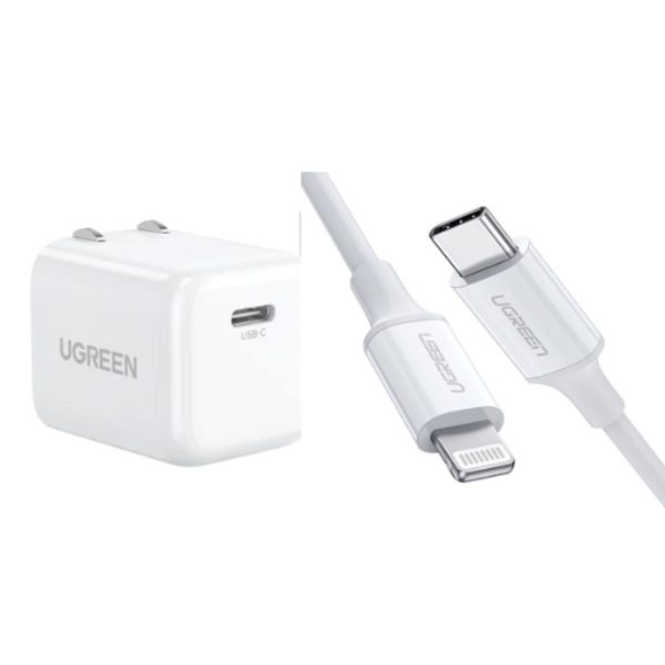 Củ sạc nhanh USB-C có cáp Ugreen 30313 CD249 màu trắng, công suất 20W, tương thích PD3.0
