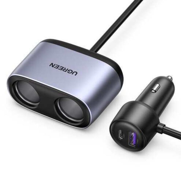 Bộ sạc ô tô 2 cổng Ugreen 30886 CD252 màu xám, tổng công suất 120W
