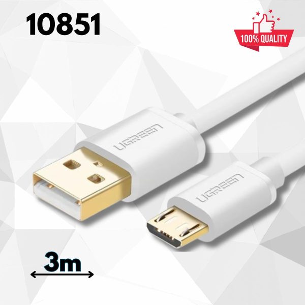 Cáp Micro USB cao cấp mạ vàng Ugreen 10851 3m màu trắng, Hỗ trợ tốc độ 480Mbps.