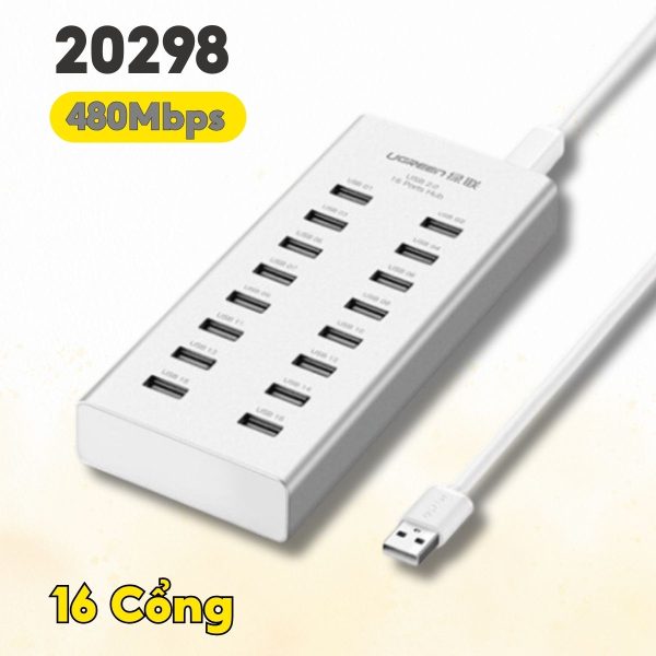 Bộ chia USB 2.0 ra 16 cổng Ugreen 20298 480Mbps màu bạc, Hỗ trợ nguồn ngoài DC 12V, Đèn Led báo hiệu