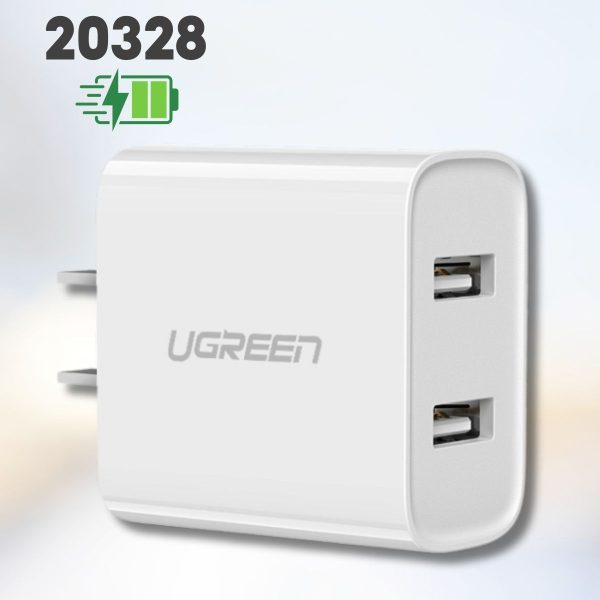 Bộ sạc nhanh 2 cổng USB 5V/2.4A + 1A CD104 Ugreen 20328 Màu trắng, Sạc đồng thời 2 thiết bị, Tự  ngắt khi sạc đầy