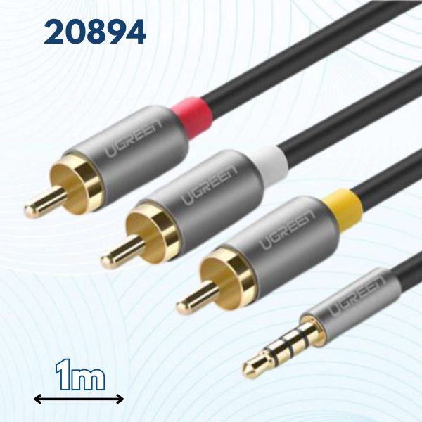 Cáp âm thanh 3 đầu Bông sen sang 3.5mm Dương AV138 Ugreen 20894 1.5M màu đen, Đầu nối mạ vàng, Lõi đồng nguyên chất cao cấp