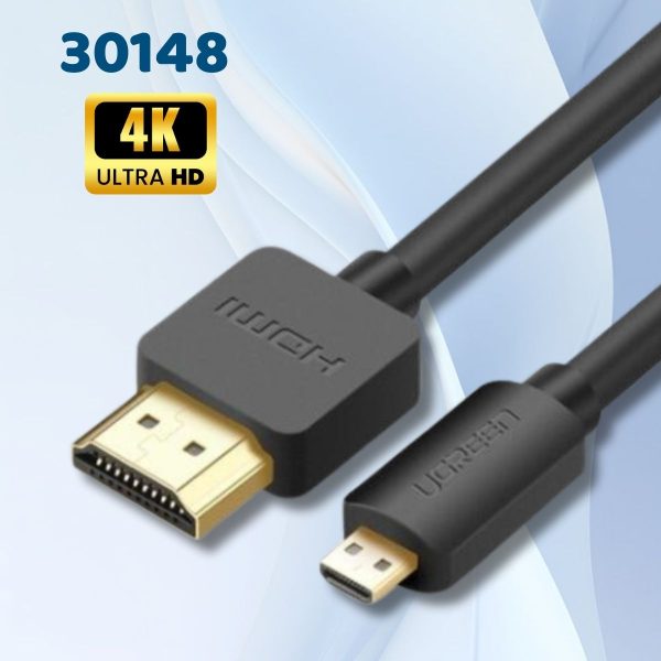 Cáp chuyển đổi micro HDMI sang HDMI Ugreen 30148 dài 1m màu đen, Hỗ trợ 4K@60Hz, Đầu mạ vàng cao cấp