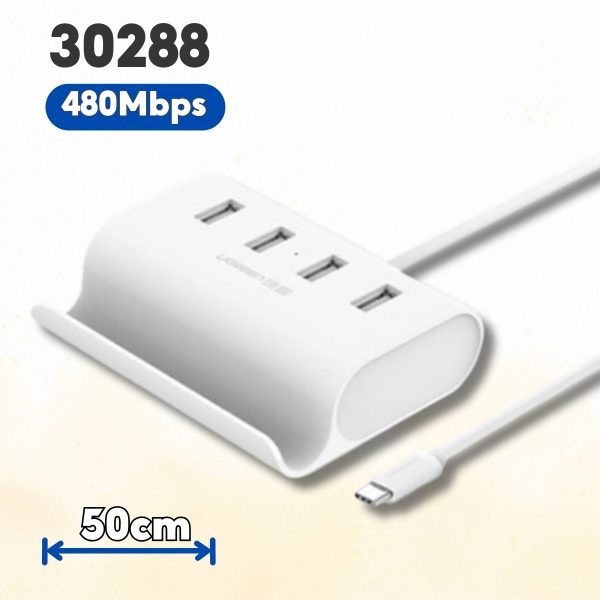 Cáp chuyển USB Type C ra 4 cổng USB 2.0 Ugreen 30288 dài 50cm, Có dây hỗ trợ nguồn micro USB, Tốc độ 480Mbps