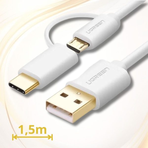 Cáp USB-A sang Micro USB + USB-C 1,5m Ugreen 30380 màu trắng, Sạc, truyền dữ liệu nhanh chóng