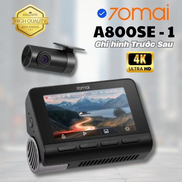 Camera hành trình Xiaomi 70mai A800SE-1 4K ghi hình trước sau, Tích hợp GPS & cảnh báo ADAS, Hỗ trợ HDR 2 kênh