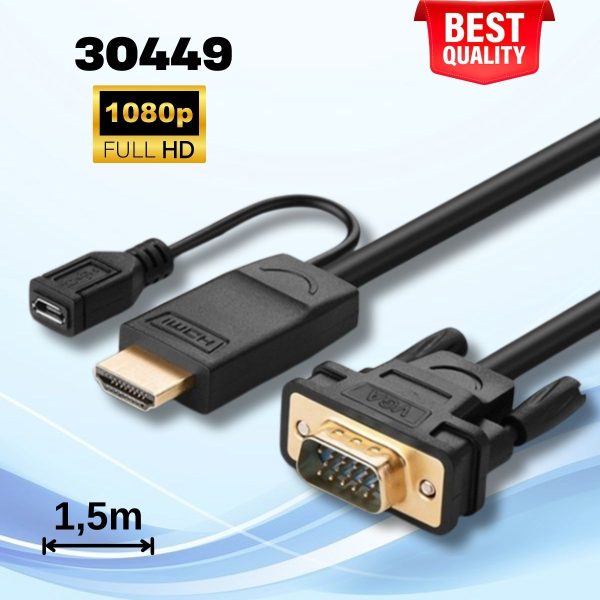 Cáp chuyển đỗi HDMI sang VGA Ugreen 30449 1.5m màu đen, Kèm cổng trợ nguồn Micro USB