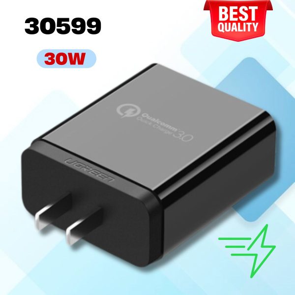 Củ sạc nhanh 2 cổng USB chuẩn QC 3.0 + 2.4A Ugreen 30599 30W màu đen, Hỗ trợ sạc nhanh