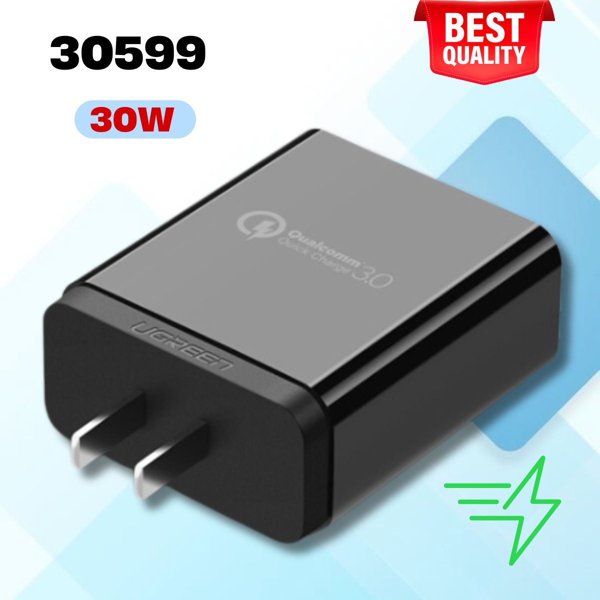 Củ sạc nhanh 2 cổng USB chuẩn QC 3.0 + 2.4A Ugreen 30599 30W màu đen, Hỗ trợ sạc nhanh