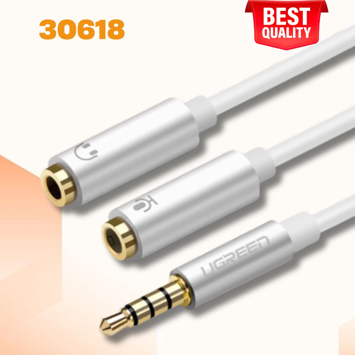 Dây chuyển âm thanh 3.5mm dương sang Jack Mic + Loa âm Ugreen 30618 AV141 dài 20cm, màu trắng, Lõi đồng nguyên chất