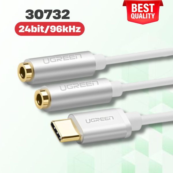 Cáp chuyển đổi TYPE C sang 2 đầu 3.5mm Ugreen 30732 AV144 dài 20cm, màu trắng, Hỗ trợ DAC Hi-Fi 24bit/96kHz