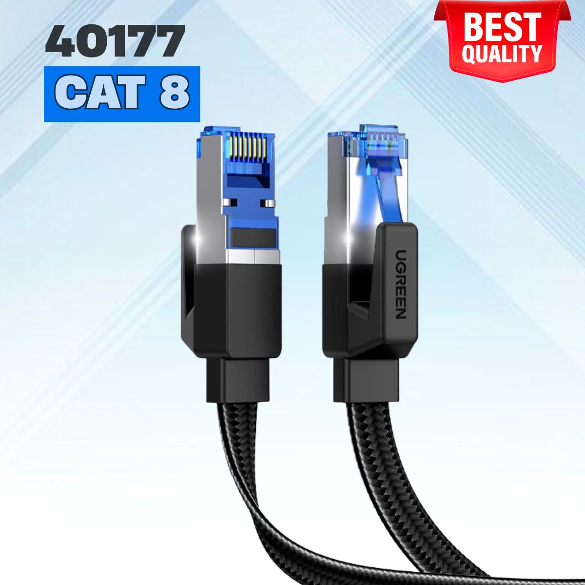 Cáp mạng CAT8 đúc sẵn dẹt dài 20m Ugreen 40177, Kết nối RJ45, Tốc độ 40Gbps, Vỏ bện nylon tăng độ bền