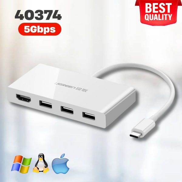 Cáp chuyển USB Type C sang HDMI và USB 3.1 Ugreen 40374 15cm màu trắng , Hỗ trợ tốc độ 5Gbps, Tương thích Mac OS/Windows/Linux