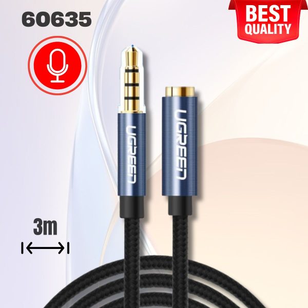 Cáp nối dài Ugreen 60635 3.5mm Male to Female 3m (Xanh đen) hỗ trợ Mic bọc Nylon cao cấp AV118