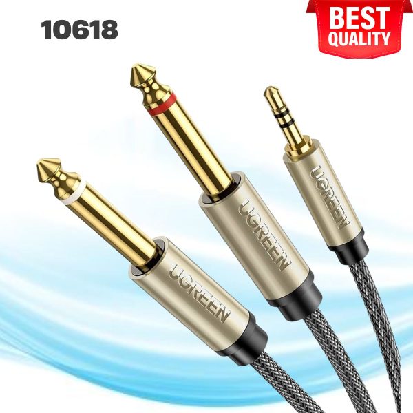 Cáp Audio 3,5mm to 2 đầu 6,5mm Ugreen 10618 dài 3m, Đầu nối mạ vàng cao cấp
