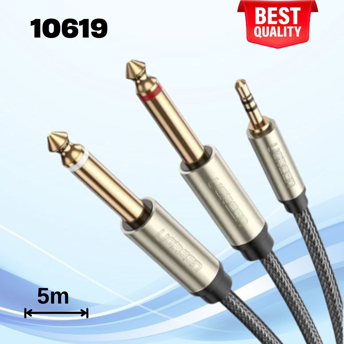 Cáp Audio 3,5mm to 2 đầu 6,5mm Ugreen 10619 dài 5m Đầu nối mạ vàng cao cấp