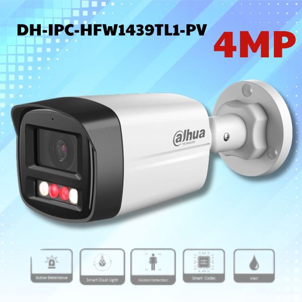 Camera IP 4MP Dahua DH-IPC-HFW1439TL1-PV Hỗ trợ ban đêm có màu, Phát hiện người, Đàm thoại 2 chiều, DC12V/ POE