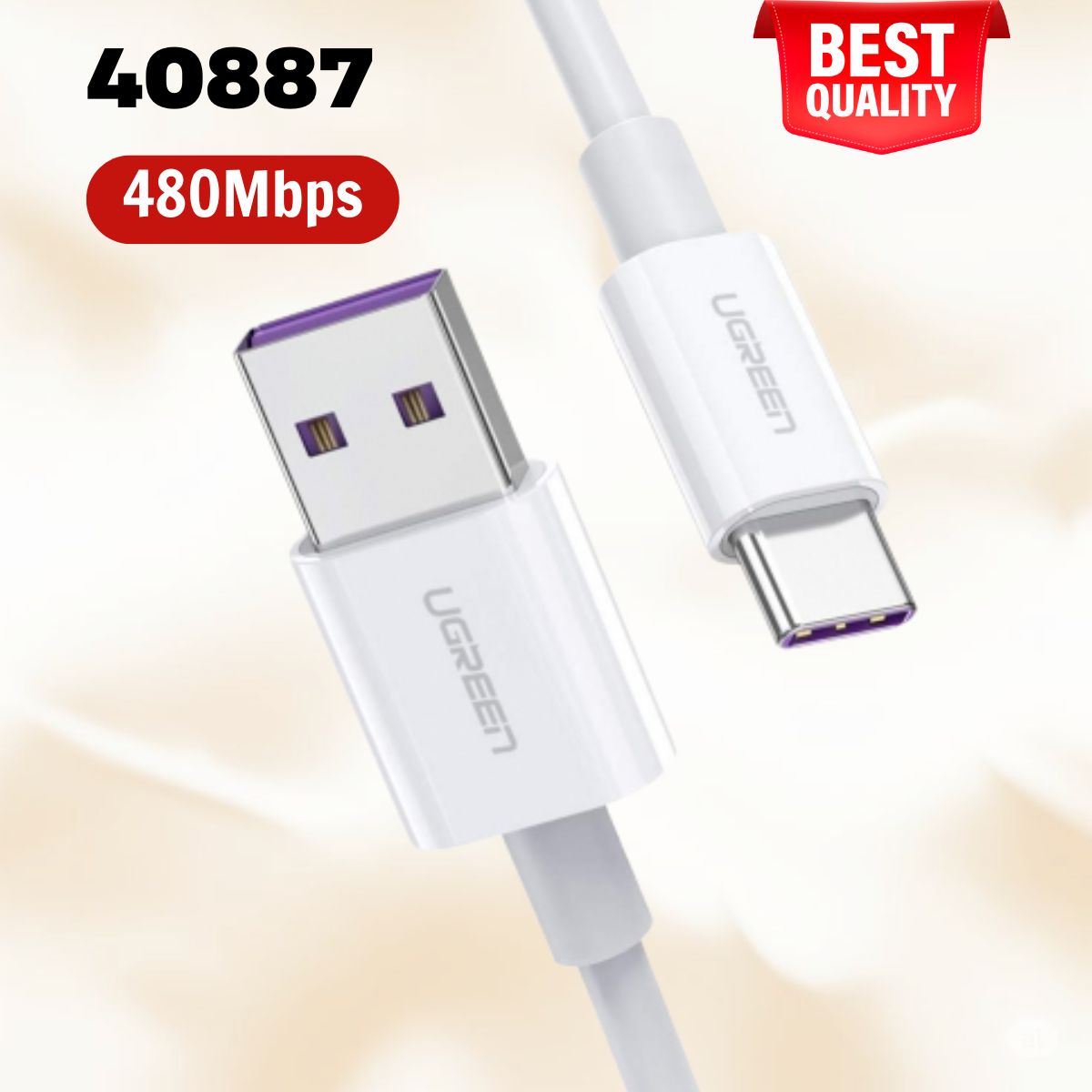 Cáp USB sang USB Type-C vỏ ABS Ugreen 40887 dài 0.5m 5A, Màu trắng, Tốc độ 480Mbps