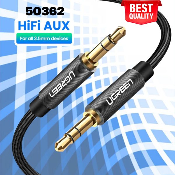 Cáp âm thanh 2 đầu 3.5mm dương Ugreen 50362 AV112 dài 1.5M Đầu hợp kim bọc lưới cao cấp