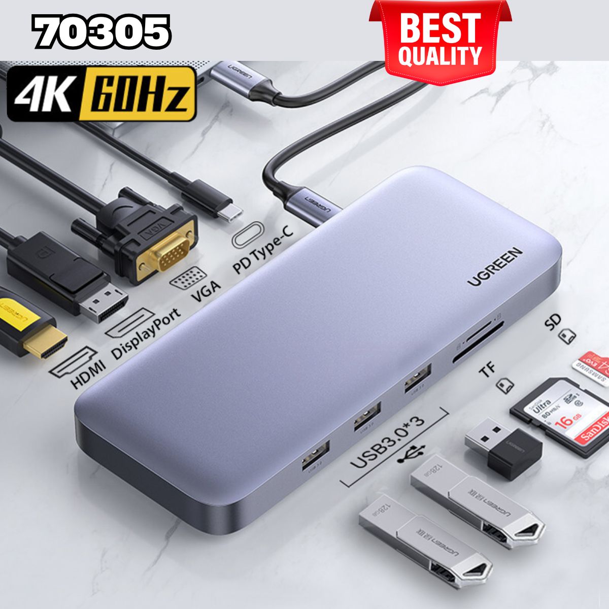 Ugreen 70305 cáp chuyển đổi USB Type C (11 in 1) to HDMI VGA, Displayport, USB 3.0, đọc thẻ SD/TF hỗ trợ sạc USB C