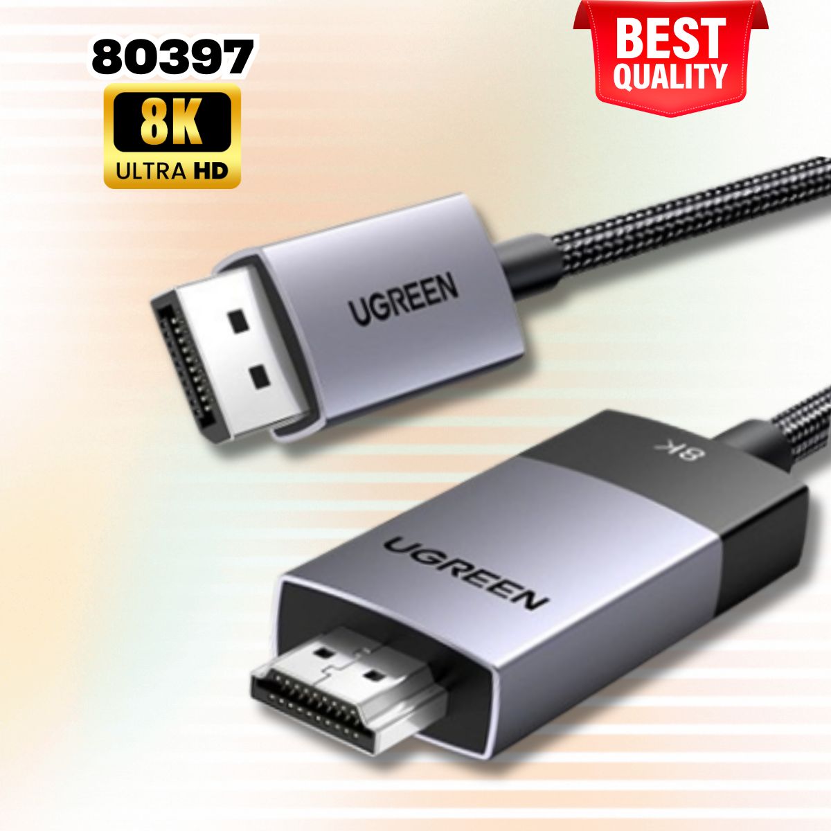 Cáp chuyển đổi Displayport v1.4 to HDMI Ugreen 80397 dài 2M, Hỗ trợ 8K@60Hz, 4K@120Hz, Băng thông 32,4Gbps