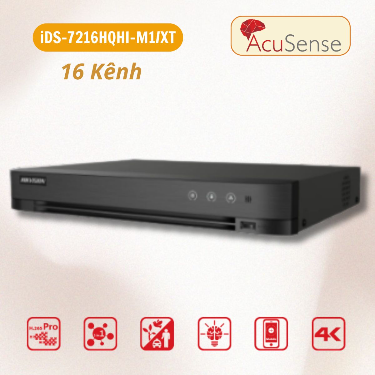Đầu ghi hình 16 kênh Hikvision iDS-7216HQHI-M1/XT AcuSense, Hỗ trợ 4 kênh cảnh báo so sánh khuôn mặt, 1 sata HDD.