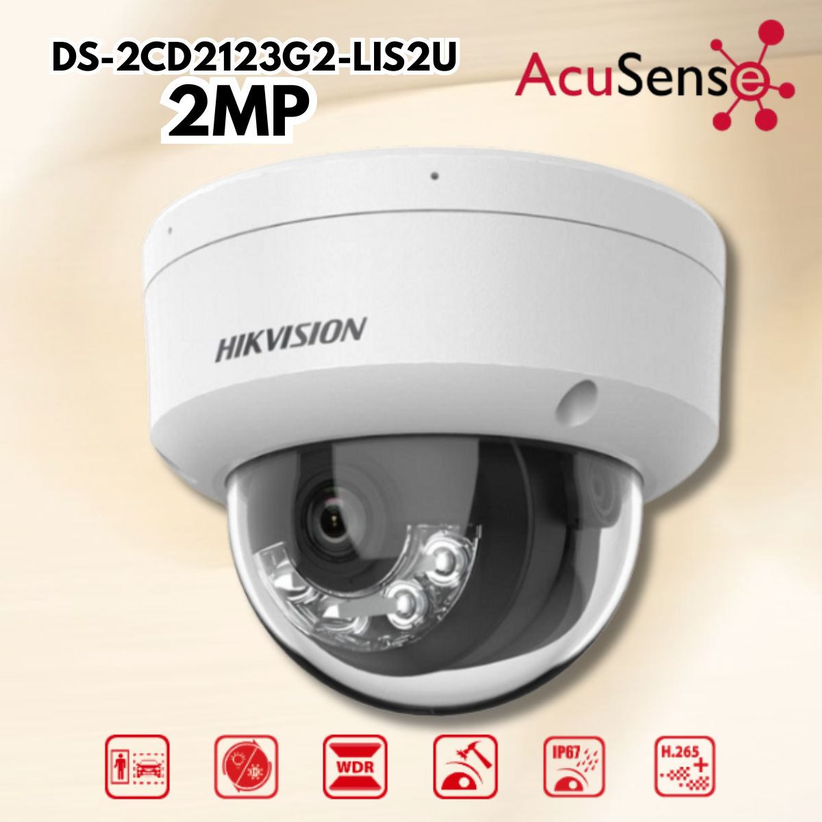 Camera Hikvision DS-2CD2123G2-LIS2U Dome 2MP, AcuSense phát hiện người & xe, Smart Hybrid Light trong nhà