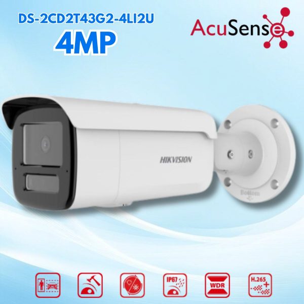 Camera ngoài trời Hikvision DS-2CD2T43G2-4LI2U 4MP, WDR 120 dB Chống ngược sáng, Đèn trợ sáng + IR 80 m