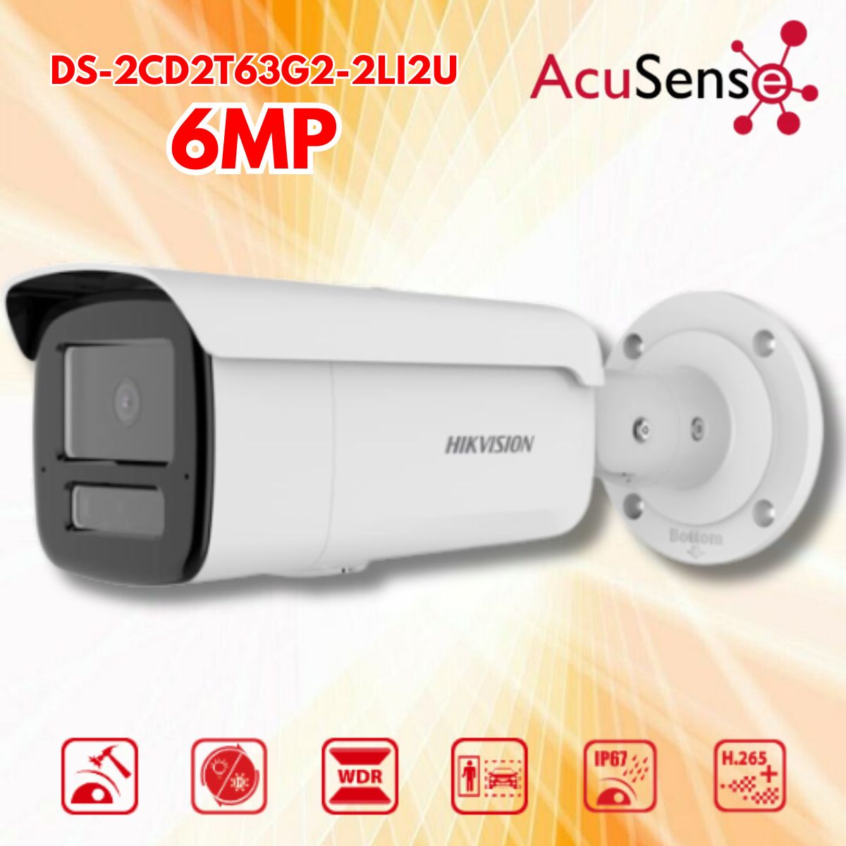 Camera AcuSense Hikvision DS-2CD2T63G2-4LI2U 6MP Phát hiện vượt hàng rào ảo, phát hiện xâm nhập, Mic đôi 2U, Chuẩn IP67, IK10