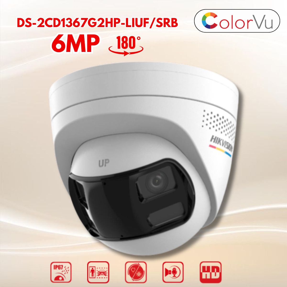 Camera AI ColorVu Toàn cảnh 180° Hikvision DS-2CD1367G2HP-LIUF/SRB 6MP, Đàm thoại 2 chiều, Phân biệt người & xe, Đèn trợ sáng + IR 30m